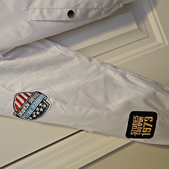 White Bomber Jacket With Patches Size XL - Picture 3 of 8